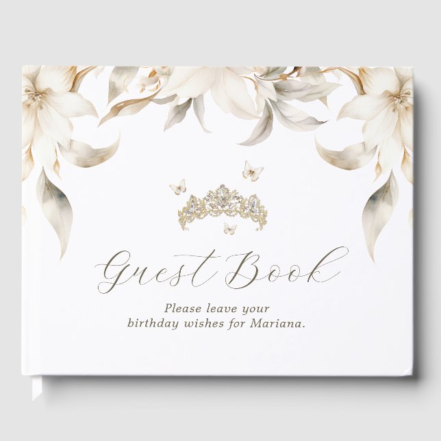 White Gold Winter Florals Quinceanera Gästebuch (Vorderseite)