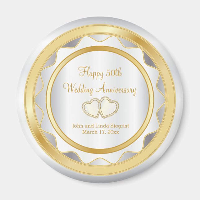 White & Gold Zickzack 50 Jahre Hochzeit Magnet (Vorne)