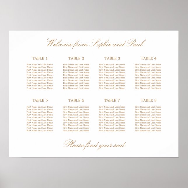 White Golden Beige 8 Tafel Hochzeitskarte Poster (Vorne)