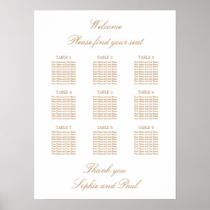 White Golden Beige 9 Tabelle Wedding Seating Chart Poster