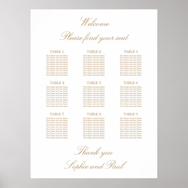 White Golden Beige 9 Tabelle Wedding Seating Chart Poster (Vorne)