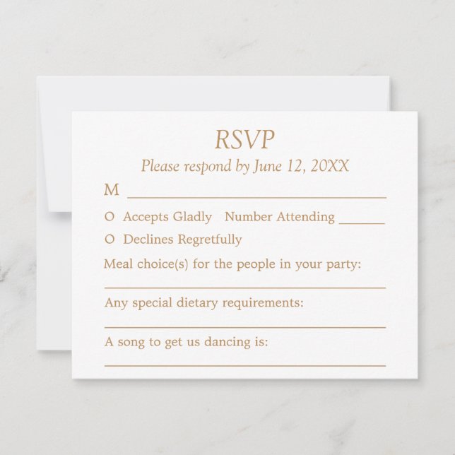 White Golden Beige Guest Choices Wedding RSVP Card (Vorderseite)
