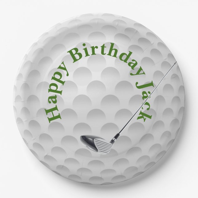 White Golf Bal mit Club Birthday Paper Plate Pappteller (Vorderseite)