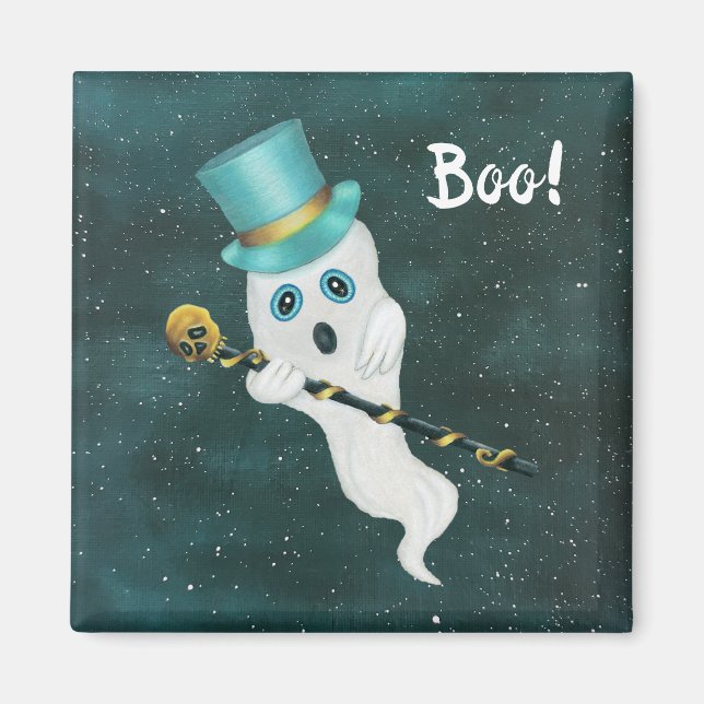 White Goofy Ghost in Sky Blue Eyes Top Hat Skull Magnet (Vorne)