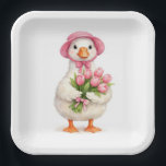 White Goose Holding Pink Tulip Bouquet Pappteller<br><div class="desc">A charming white goose wearing a pink bonnet and holding a bouquet of pink tulips tied with a pink bow,  all beautifully designed in a watercolor effect on a white background</div>