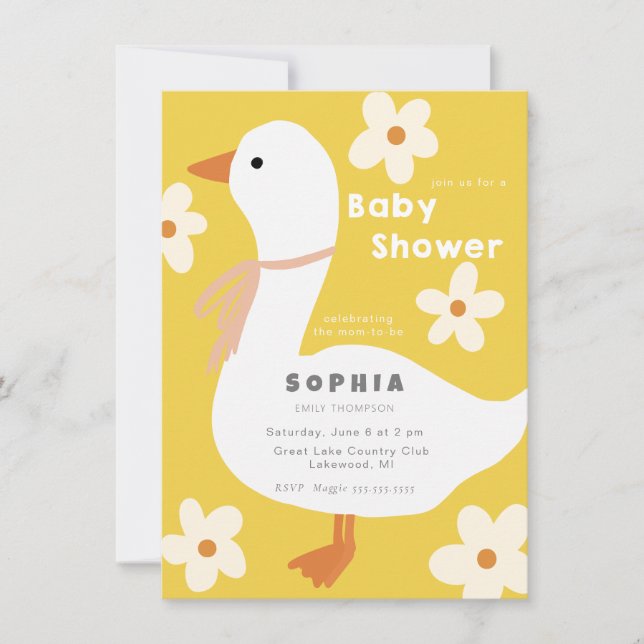 White Gose and Daisies Baby Shower Einladung (Vorderseite)