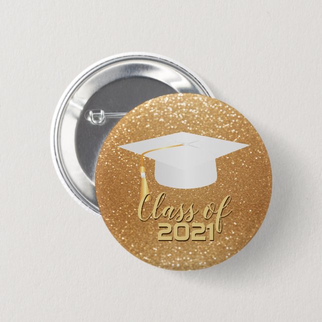 White Graduation Cap - Class of 20XX Gold Glitzer Button (Vorne & Hinten)