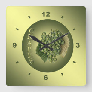 White Grapes ~ Botanical Clock ~ Kitchen ~ Quadratische Wanduhr
