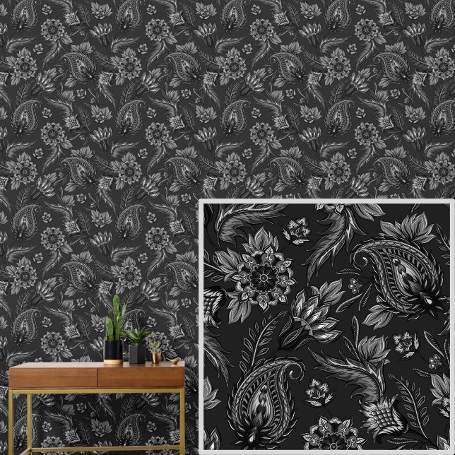 White Gray auf Black Floral Paisley Elegant Tapete (Von Creator hochgeladen)