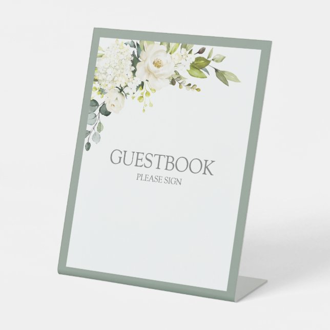 White Gray Green Floral Watercolor Gästebuch Sockelschild (Vorderseite)