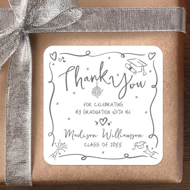 White Gray Hand Drawn Doodle Graduation Thank You Quadratischer Aufkleber (Von Creator hochgeladen)
