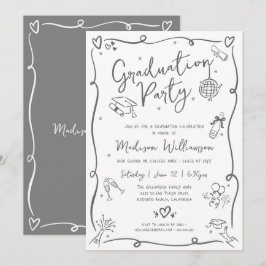 White Gray Hand Drawn Doodles Graduation Fun Party Einladung