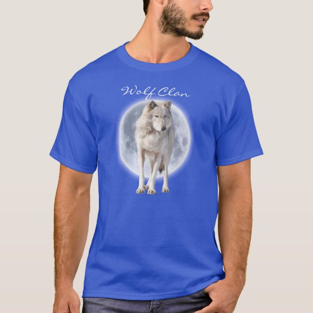 White Gray Wolf & Full Moon WOLF CLAN Wildlife Art T-Shirt (Vorderseite)