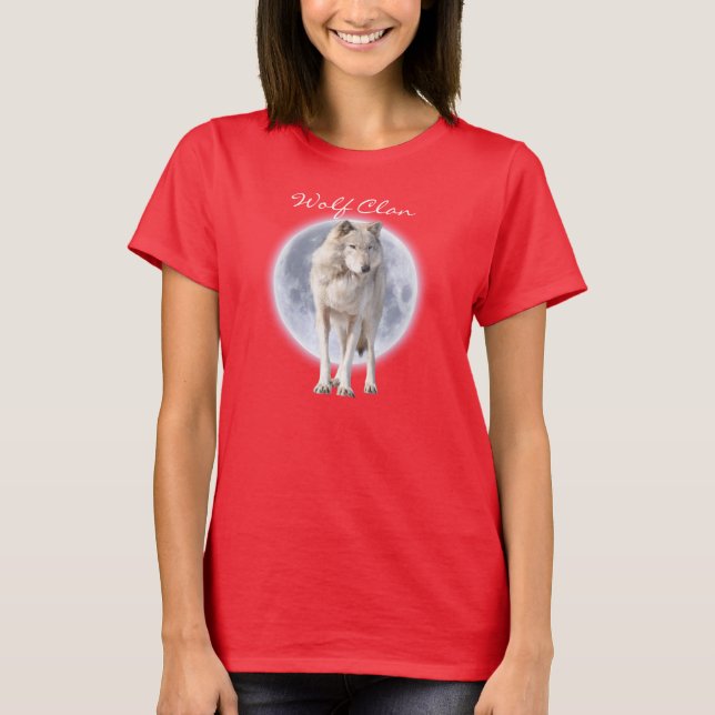 White Gray Wolf & Full Moon WOLF CLAN Wildlife Art T-Shirt (Vorderseite)