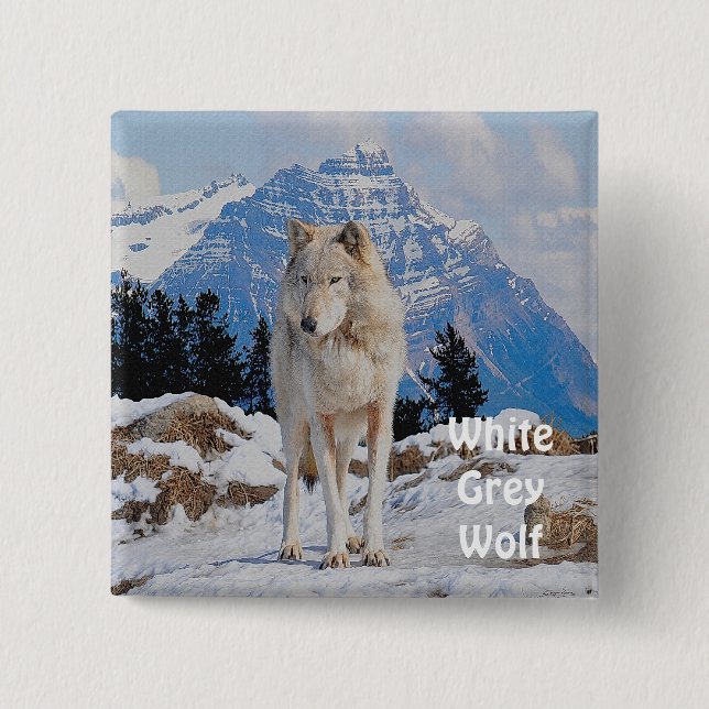 White Gray Wolf & Rocky Mountains Wildlife Button (Vorderseite)