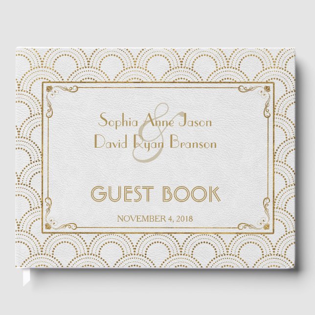 White Great Gatsby Art Deco Gold Hochzeit Gästebuch (Vorderseite)