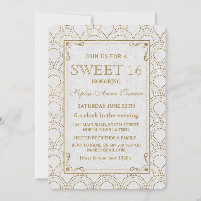 White Great Gatsby Art Deco Gold Sweet 16 Einladun Einladung (Vorderseite)