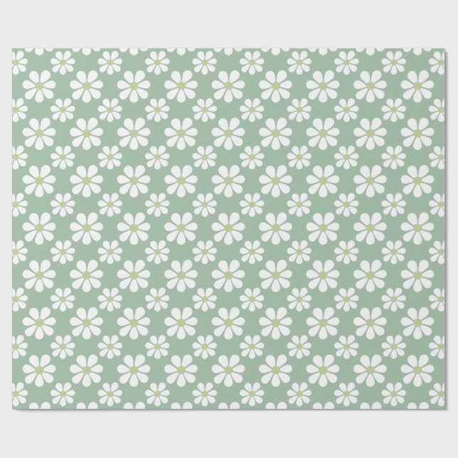 White Green Daisy Pattern  Geschenkpapier (Flach)