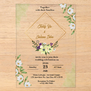 White Green Floral Acrylique Mariage Invitations