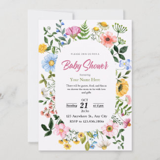White & Green Floral Baby Shower Invitations Fille