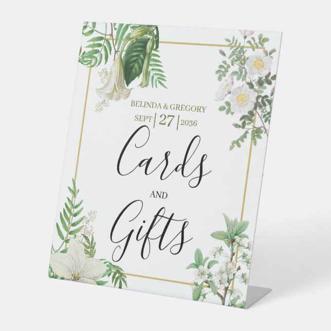 White Green Floral Gold Hochzeitskarten & Geschenk Sockelschild (Vorderseite)