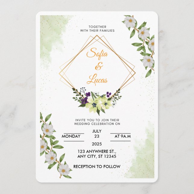 White & Green Floral Watercolor Wedding Invitation (Devant)