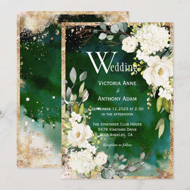 White Green Gold Rustic Floral Wedding Einladung (Vorne/Hinten)