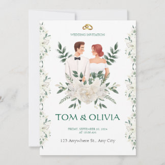 White & Green Minimalist Floral Wedding Invitation