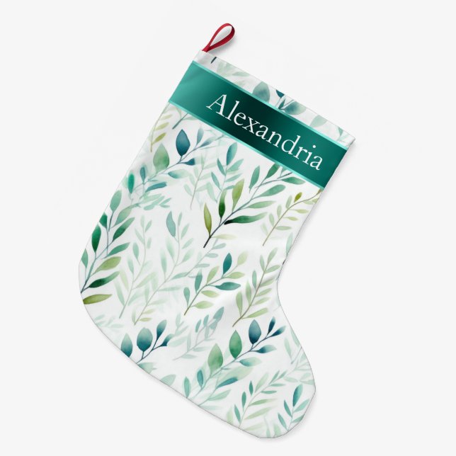 White Green Mint Blätter Weihnachtsname Großer Weihnachtsstrumpf (Vorderansicht (hängend))