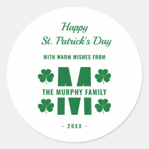 White Green Monogram Family Name St. Patrick's Day Runder Aufkleber