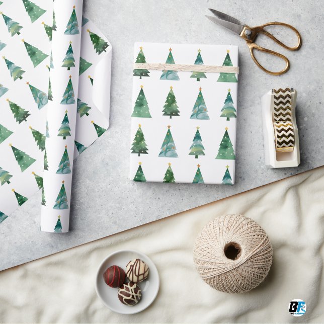 White Green Watercolor Festive Winter Tree X-mas Geschenkpapier (Von Creator hochgeladen)