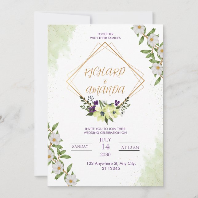 White & Green Watercolor Floral Wedding Invitation (Devant)