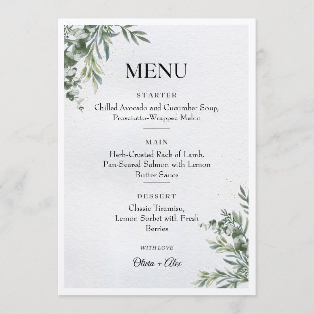 White & Green Watercolor Leaves Wedding Menu Menükarte (Vorderseite)