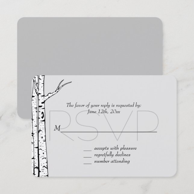 White Grey Birch Trees Wedding RSVP Karte (Vorne/Hinten)