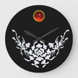 WHITE GRIFFINS AND FLOWERS ,Red Ruby Gem Stone Große Wanduhr