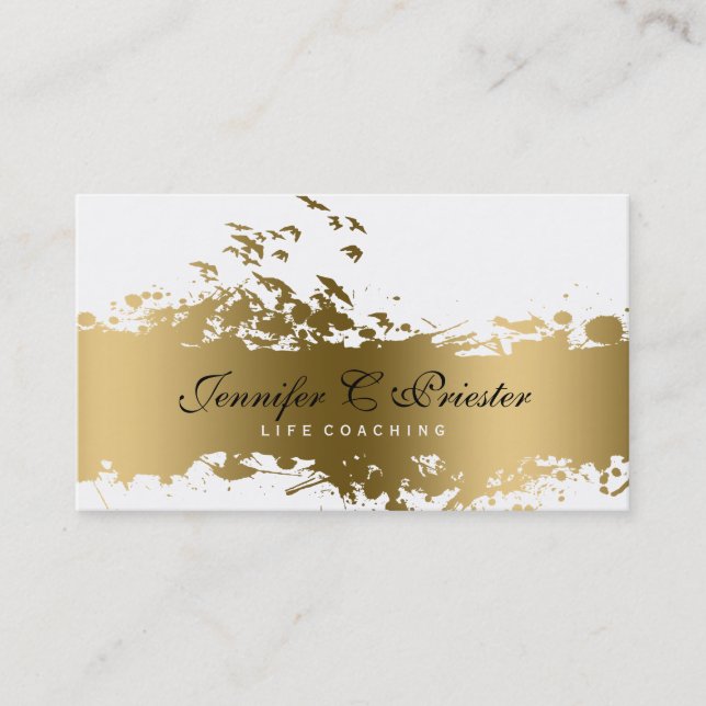 White & Grunge Gold Streifen & Flying Birds Visitenkarte (Vorderseite)