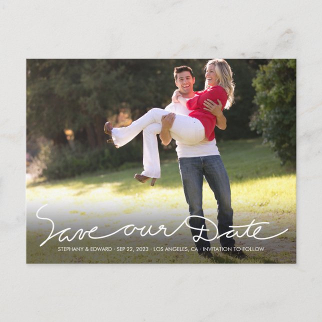 White Handwrite Rettete unsere Date Foto Postcard Ankündigungspostkarte (Vorderseite)