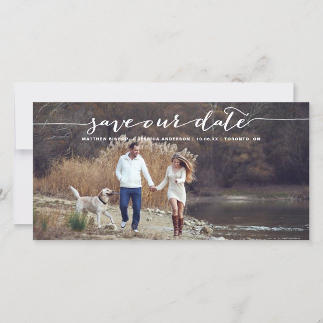 White Handwriting Script-Foto Rette Unser Datum II Save The Date (Vorderseite)