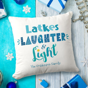 White Hanukkah Latkes Lacher Light Fun Blue Type Kissen