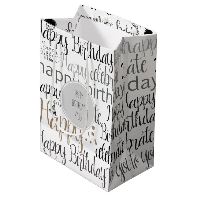 White Happy Birthday   Mittlere Geschenktüte (Vorderseite Schrägansicht)