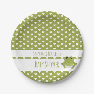 White Heart Muster Green Frog Name Baby Dusche Pappteller