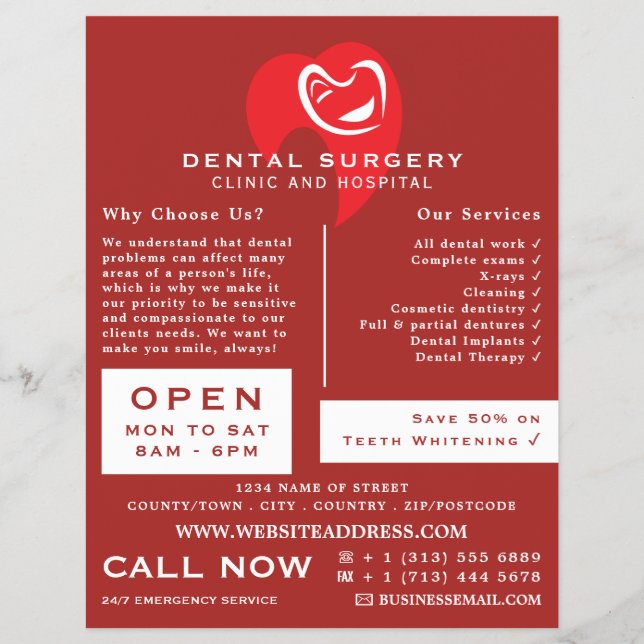 White Hearted Tooth Logo Dentistry, Dentist Advert Flyer (Vorne)