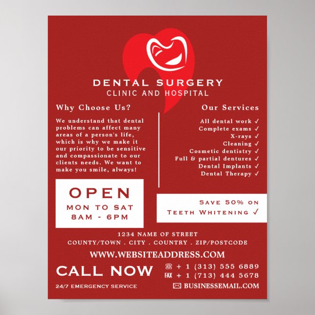 White Hearted Tooth Logo Dentistry, Dentist Advert Poster (Vorne)