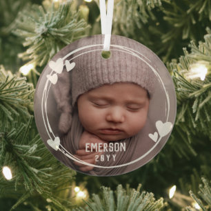 White Hearts Frame Baby Foto Name & Jahr hinzufüg Ornament Aus Glas