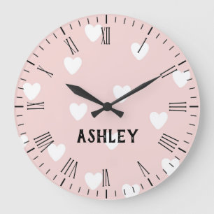 White Hearts on Pink Personalized Wall Clock Große Wanduhr