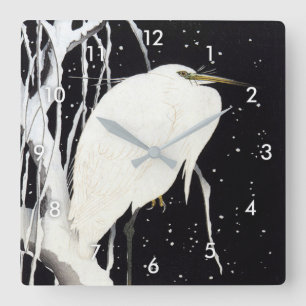 White Heron on Snow Covered Willow, Ohara Koson Quadratische Wanduhr