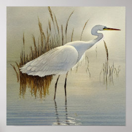White Heron Watercolor Malerei Poster