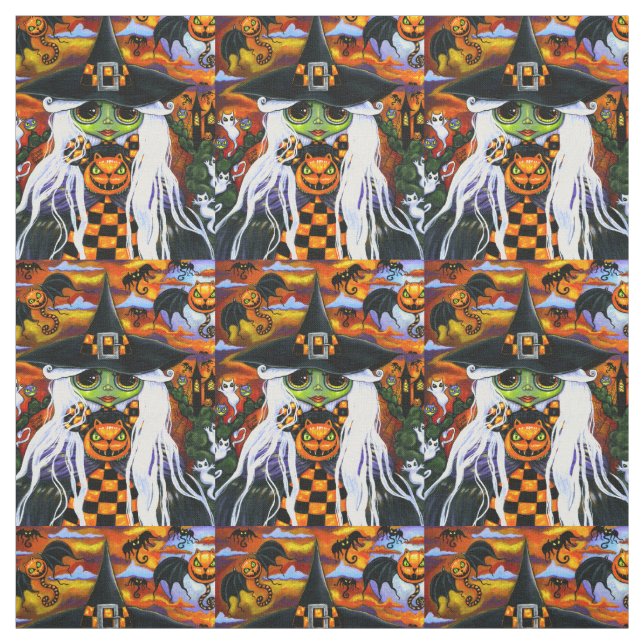 White Hexe Kitty Ghosts Pumpkins Halloween Stoff (Muster)