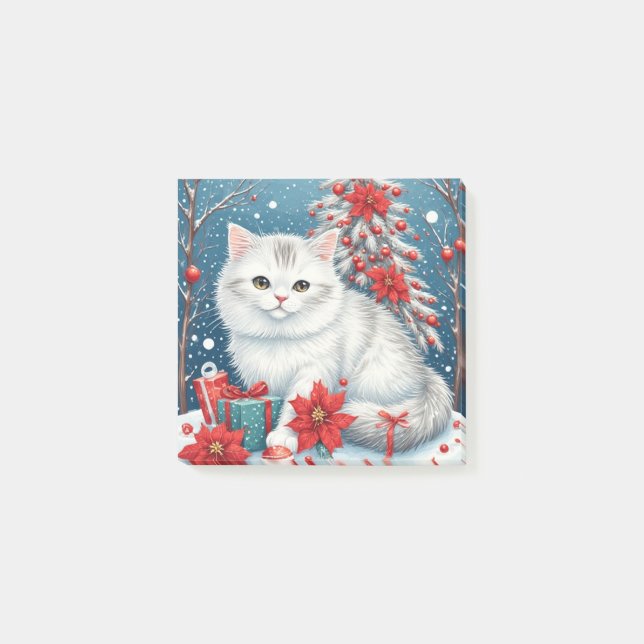 White Holiday Cat  Post-it Klebezettel (Vorderseite)