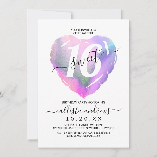 White Holographic Foil Heart Balloon Sweet 16 Einladung (Vorderseite)